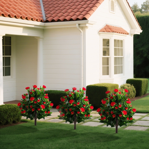 Gymax 2 Pack 31'' Artificial Camellia Tree Set w/Ground Spikes Floral Blooming Bushes