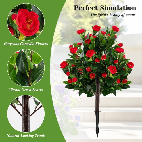 Gymax 2 Pack 31'' Artificial Camellia Tree Set w/Ground Spikes Floral Blooming Bushes