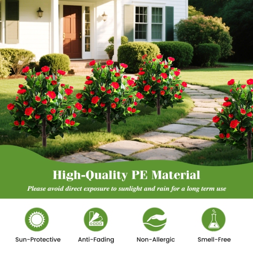 Gymax 2 Pack 31'' Artificial Camellia Tree Set w/Ground Spikes Floral Blooming Bushes