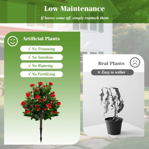 Gymax 2 Pack 31'' Artificial Camellia Tree Set w/Ground Spikes Floral Blooming Bushes