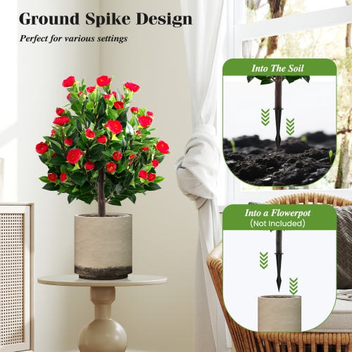 Gymax 2 Pack 31'' Artificial Camellia Tree Set w/Ground Spikes Floral Blooming Bushes