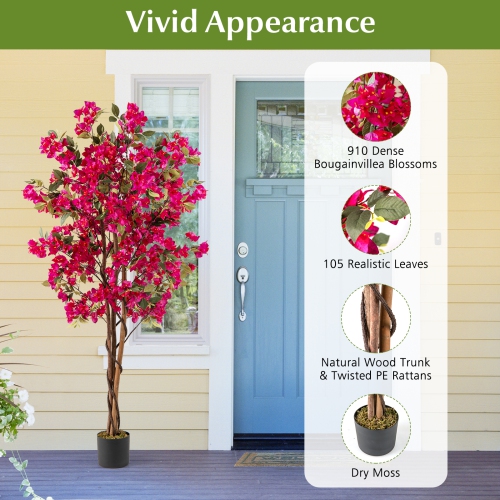 Gymax 6 FT Artificial Bougainvillea Tree Tall Faux Pre-potted Tree w/ 910 Flowers