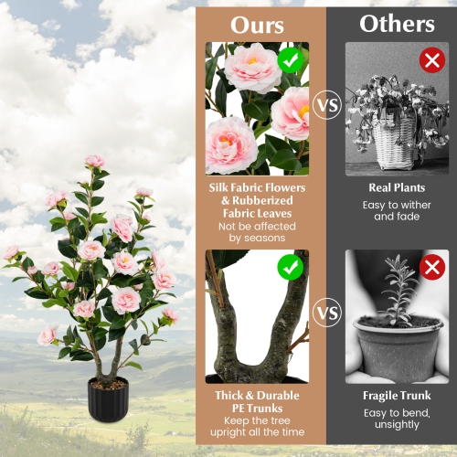 Gymax 2PCS 38'' Artificial Camellia Tree Faux Floral Plant Fake Tree for Decoration