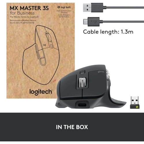 Logitech MX Master 3S for Business, Wireless Mouse with Quiet Clicks, 8K DPI, Secured Logi Bolt USB Receiver, Bluetooth, USB-C Charging, MagSpeed