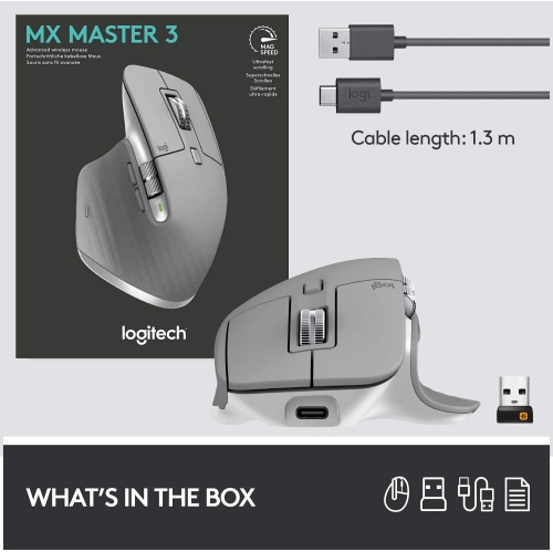 Logitech MX Master 3 Advanced Wireless Mouse - Ultrafast Scrolling, 4000 DPI, Use on Any Surface, Ergonomic & Customisable, USB-C Quick Charging,