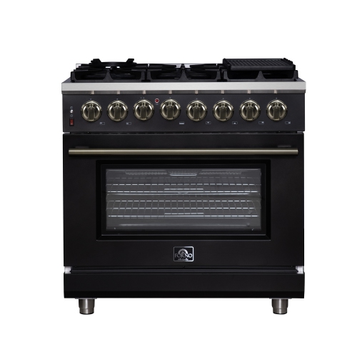 Forno Massimo 36 Inch Freestanding Dual Fuel Range in Black with Antique Brass Accessories, 6 Burners, 5.36 cu. ft. Convection Oven
