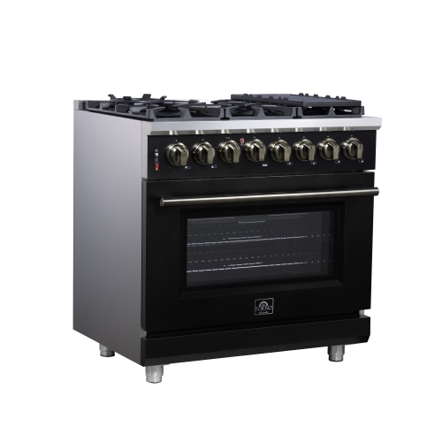 Forno Massimo 36 Inch Freestanding Dual Fuel Range in Black with Antique Brass Accessories, 6 Burners, 5.36 cu. ft. Convection Oven