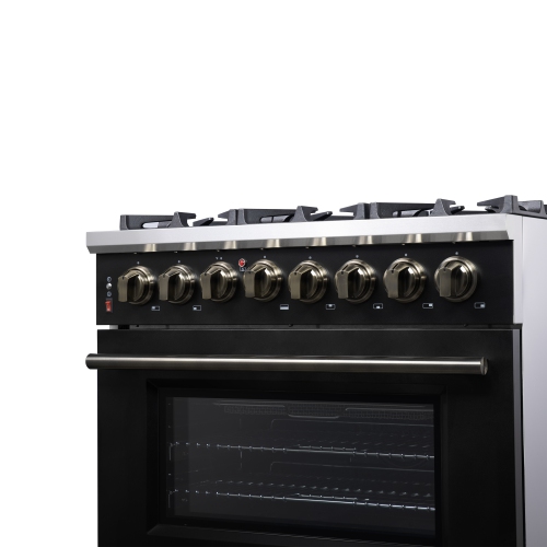 Forno Massimo 36 Inch Freestanding Dual Fuel Range in Black with Antique Brass Accessories, 6 Burners, 5.36 cu. ft. Convection Oven