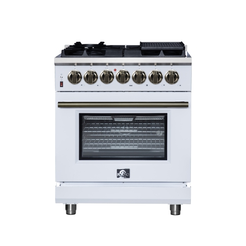 Forno Massimo – Cuisinière biénergie autonome 30&nbsp;po blanc avec accessoires en laiton antique, 4 brûleurs, 4,32 pi3 avec Four à convection