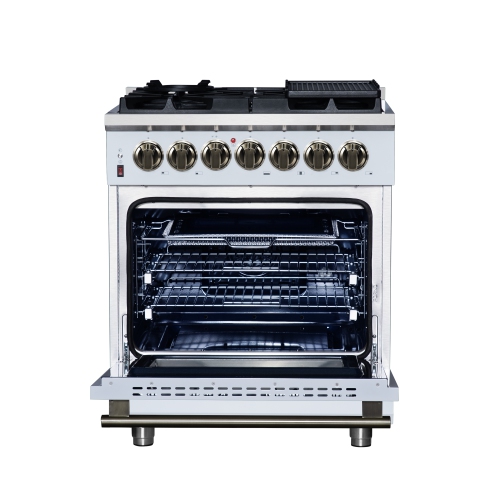 Forno Massimo – Cuisinière biénergie autonome 30 po blanc avec accessoires en laiton antique, 4 brûleurs, 4,32 pi3 avec Four à convection