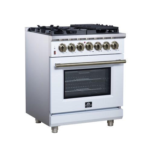 Forno Massimo – Cuisinière biénergie autonome 30 po blanc avec accessoires en laiton antique, 4 brûleurs, 4,32 pi3 avec Four à convection