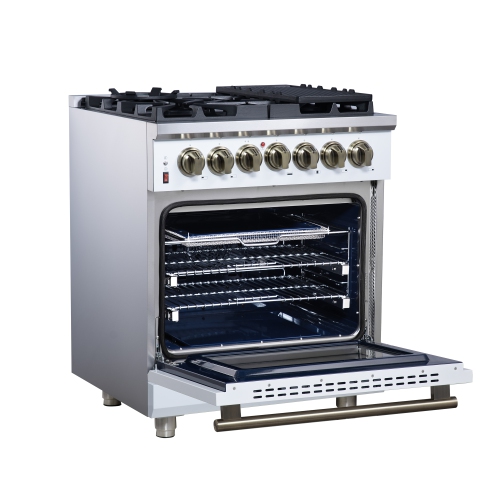 Forno Massimo – Cuisinière biénergie autonome 30 po blanc avec accessoires en laiton antique, 4 brûleurs, 4,32 pi3 avec Four à convection