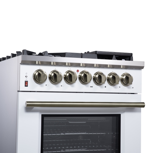 Forno Massimo – Cuisinière biénergie autonome 30 po blanc avec accessoires en laiton antique, 4 brûleurs, 4,32 pi3 avec Four à convection