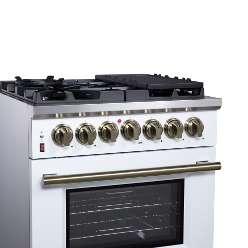Forno Massimo – Cuisinière biénergie autonome 30 po blanc avec accessoires en laiton antique, 4 brûleurs, 4,32 pi3 avec Four à convection