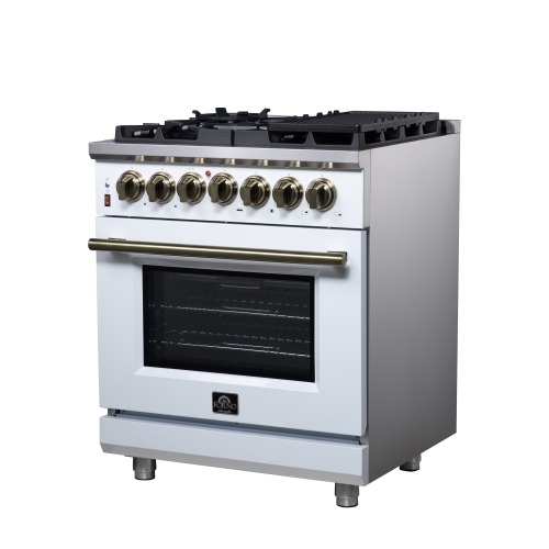 Forno Massimo – Cuisinière biénergie autonome 30 po blanc avec accessoires en laiton antique, 4 brûleurs, 4,32 pi3 avec Four à convection