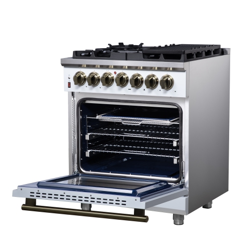 Forno Massimo – Cuisinière biénergie autonome 30 po blanc avec accessoires en laiton antique, 4 brûleurs, 4,32 pi3 avec Four à convection