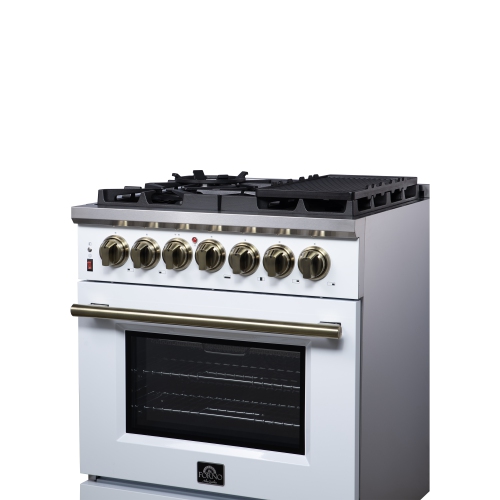 Forno Massimo – Cuisinière biénergie autonome 30 po blanc avec accessoires en laiton antique, 4 brûleurs, 4,32 pi3 avec Four à convection