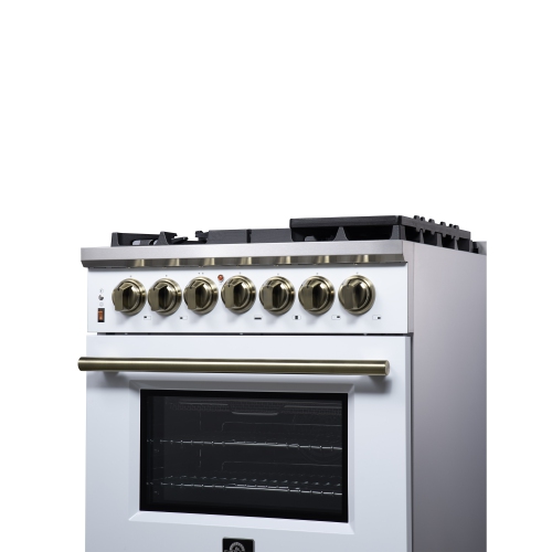 Forno Massimo – Cuisinière biénergie autonome 30 po blanc avec accessoires en laiton antique, 4 brûleurs, 4,32 pi3 avec Four à convection