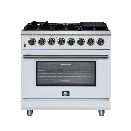 Forno Massimo – Cuisinière biénergie autonome 36&nbsp;po blanc avec accessoires en laiton antique, 6 brûleurs, 5,36 pi3 avec Four à convection