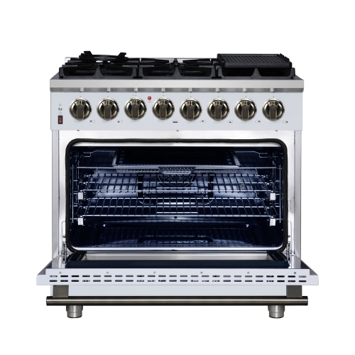Forno Massimo – Cuisinière biénergie autonome 36 po blanc avec accessoires en laiton antique, 6 brûleurs, 5,36 pi3 avec Four à convection