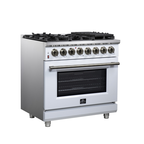 Forno Massimo – Cuisinière biénergie autonome 36 po blanc avec accessoires en laiton antique, 6 brûleurs, 5,36 pi3 avec Four à convection