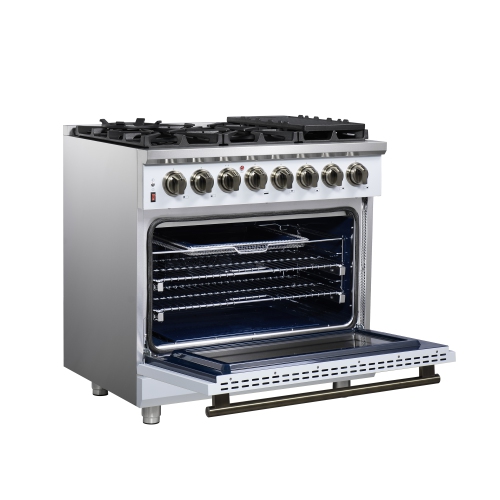 Forno Massimo – Cuisinière biénergie autonome 36 po blanc avec accessoires en laiton antique, 6 brûleurs, 5,36 pi3 avec Four à convection