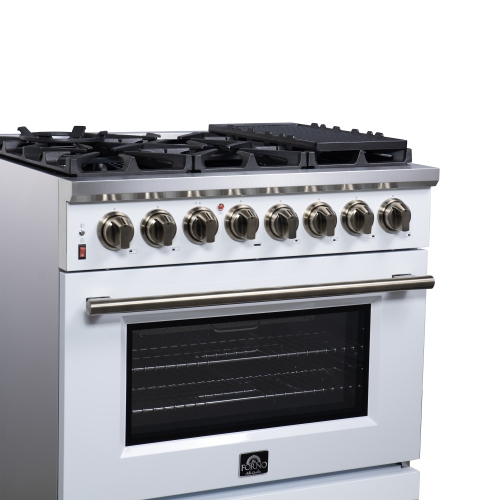 Forno Massimo – Cuisinière biénergie autonome 36 po blanc avec accessoires en laiton antique, 6 brûleurs, 5,36 pi3 avec Four à convection