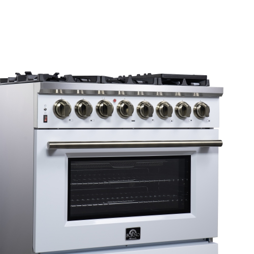 Forno Massimo – Cuisinière biénergie autonome 36 po blanc avec accessoires en laiton antique, 6 brûleurs, 5,36 pi3 avec Four à convection