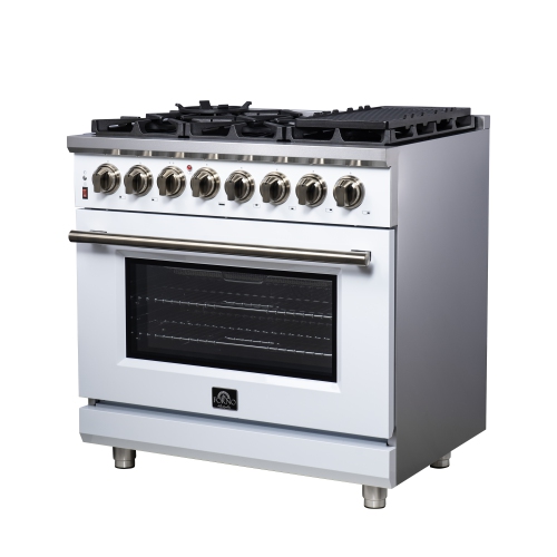 Forno Massimo – Cuisinière biénergie autonome 36 po blanc avec accessoires en laiton antique, 6 brûleurs, 5,36 pi3 avec Four à convection
