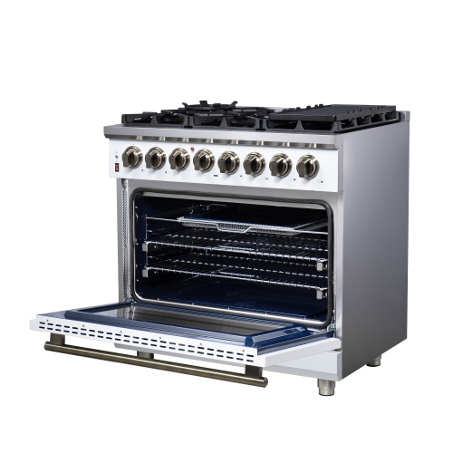 Forno Massimo – Cuisinière biénergie autonome 36 po blanc avec accessoires en laiton antique, 6 brûleurs, 5,36 pi3 avec Four à convection