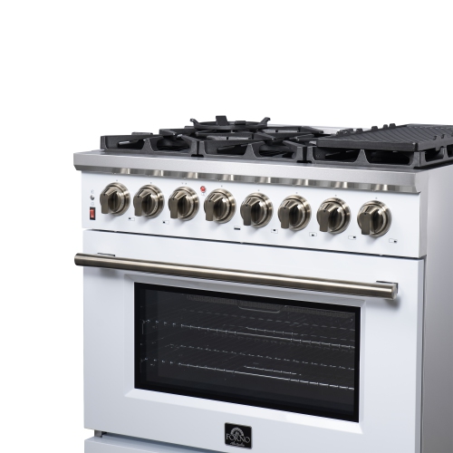 Forno Massimo – Cuisinière biénergie autonome 36 po blanc avec accessoires en laiton antique, 6 brûleurs, 5,36 pi3 avec Four à convection