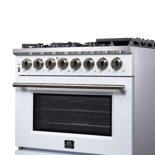 Forno Massimo – Cuisinière biénergie autonome 36 po blanc avec accessoires en laiton antique, 6 brûleurs, 5,36 pi3 avec Four à convection