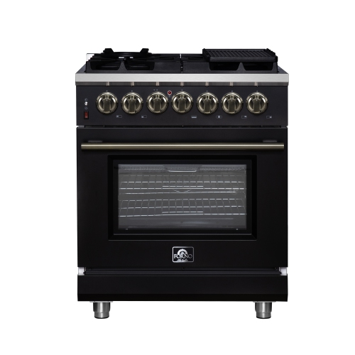 Forno Massimo 30 Inch Freestanding Dual Fuel Range in Black with Antique Brass Accessories, 4 Burners, 4.32 cu. ft. Convection Oven