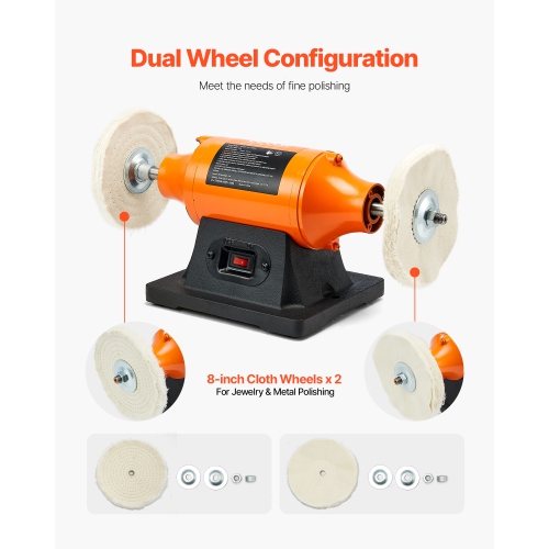 VEVOR 3/4HP Bench Buffer Polisher, 8-inch Bench Polishing Buffing Machine, 3450RPM Single Speed Benchtop Polisher with 2PCS Cloth Wheels & Cast Iron