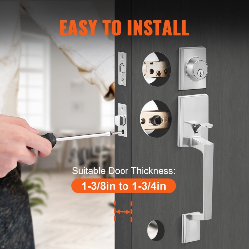 VEVOR Front Door Handle and Deadbolt Set, Square Entry Handle Set with Lever, Single Cylinder, Adjustable Hole Space, Reversible for Right and Left