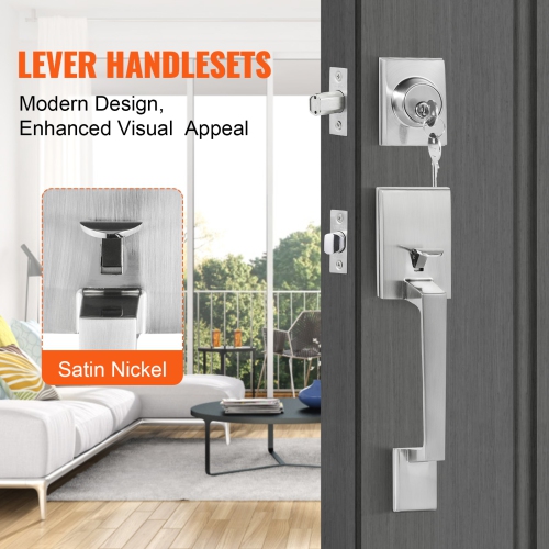 VEVOR Front Door Handle and Deadbolt Set, Square Entry Handle Set with Lever, Single Cylinder, Adjustable Hole Space, Reversible for Right and Left