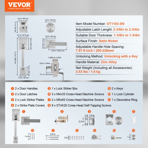 VEVOR Front Door Handle and Deadbolt Set, Square Entry Handle Set with Lever, Single Cylinder, Adjustable Hole Space, Reversible for Right and Left