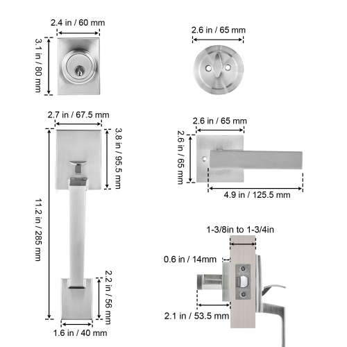VEVOR Front Door Handle and Deadbolt Set, Square Entry Handle Set with Lever, Single Cylinder, Adjustable Hole Space, Reversible for Right and Left