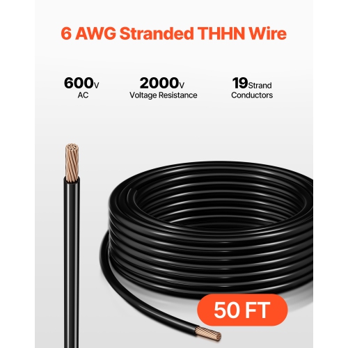 VEVOR 6 AWG THHN Wire, 19-Stranded, 100% OFC Copper Electrical Building Wire with Nylon Jacket, Rated for Up to 600 Volts, for Indoor & Outdoor Use,