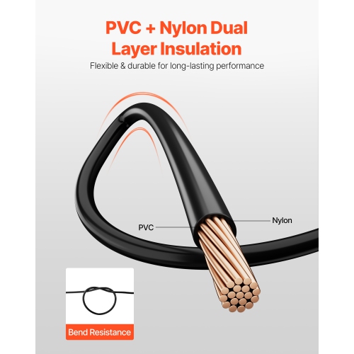 VEVOR 6 AWG THHN Wire, 19-Stranded, 100% OFC Copper Electrical Building Wire with Nylon Jacket, Rated for Up to 600 Volts, for Indoor & Outdoor Use,