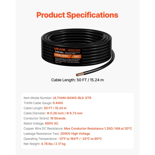 VEVOR 6 AWG THHN Wire, 19-Stranded, 100% OFC Copper Electrical Building Wire with Nylon Jacket, Rated for Up to 600 Volts, for Indoor & Outdoor Use,