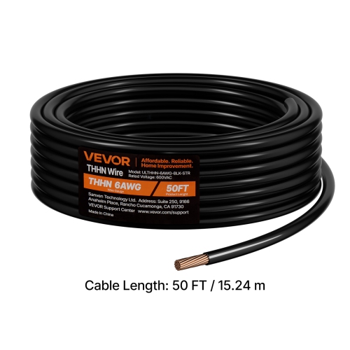 VEVOR 6 AWG THHN Wire, 19-Stranded, 100% OFC Copper Electrical Building Wire with Nylon Jacket, Rated for Up to 600 Volts, for Indoor & Outdoor Use,