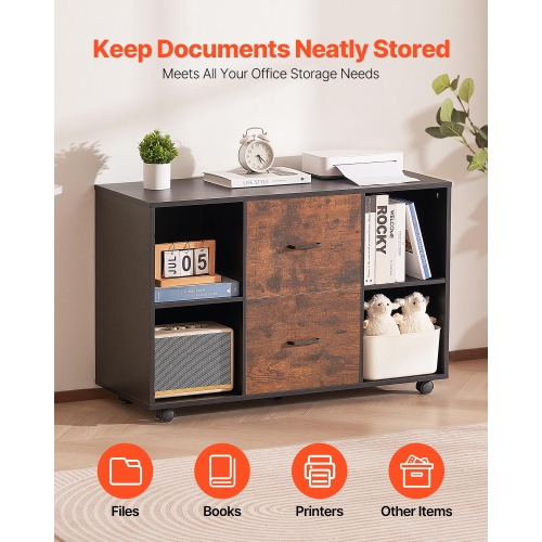 VEVOR 2 Drawer Wooden File Cabinet, Mobile Filing Cabinet with Open Shelves, Lateral Rolling File Storage with Lockable Wheels, Modern Free Standing