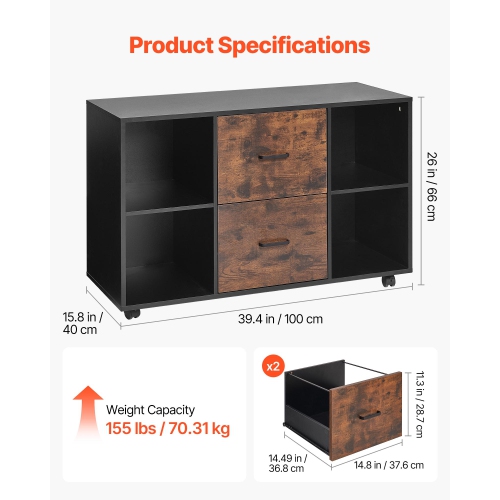VEVOR 2 Drawer Wooden File Cabinet, Mobile Filing Cabinet with Open Shelves, Lateral Rolling File Storage with Lockable Wheels, Modern Free Standing