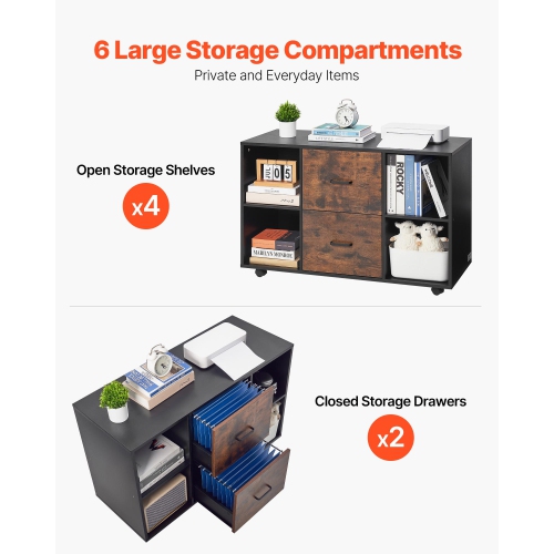 VEVOR 2 Drawer Wooden File Cabinet, Mobile Filing Cabinet with Open Shelves, Lateral Rolling File Storage with Lockable Wheels, Modern Free Standing