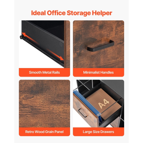 VEVOR 2 Drawer Wooden File Cabinet, Mobile Filing Cabinet with Open Shelves, Lateral Rolling File Storage with Lockable Wheels, Modern Free Standing