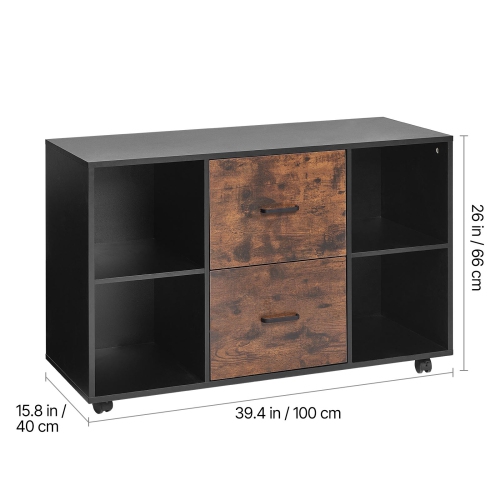 VEVOR 2 Drawer Wooden File Cabinet, Mobile Filing Cabinet with Open Shelves, Lateral Rolling File Storage with Lockable Wheels, Modern Free Standing