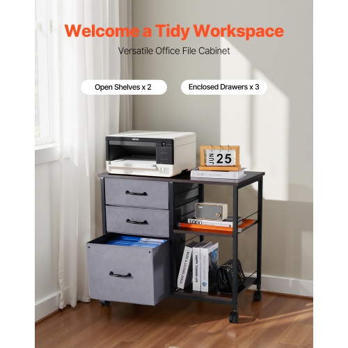 VEVOR 3 Fabric Drawers Metal File Cabinet, Mobile Filing Cabinet with 2 Open Shelves, Wooden Vertical Filing Storage Cabinets with Wheels for Letter,