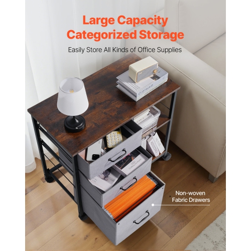 VEVOR 3 Fabric Drawers Metal File Cabinet, Mobile Filing Cabinet with 2 Open Shelves, Wooden Vertical Filing Storage Cabinets with Wheels for Letter,