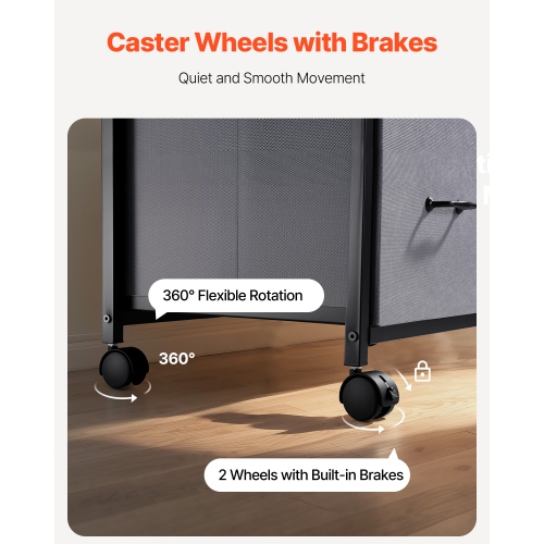 VEVOR 3 Fabric Drawers Metal File Cabinet, Mobile Filing Cabinet with 2 Open Shelves, Wooden Vertical Filing Storage Cabinets with Wheels for Letter,